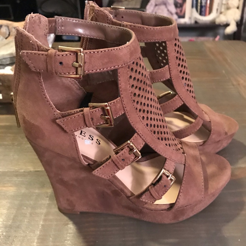 Guess brown wedge buckle platform sandal size 6